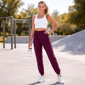 NWT HALARA Women’s Medium Red Berry Drawstring Pockets Joggers Yoga Silky Pants